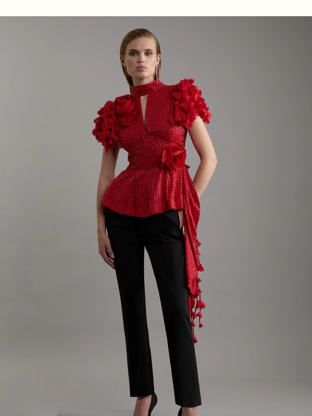 Karen Millen Red Floral-Appliqué Peplum Top